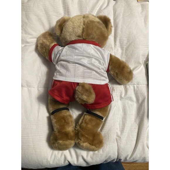 Build A Bear Plush Stuffed Brown Teddy Bear Soccer Shirt Shorts Shin Guards Red - Picture 7 of 11